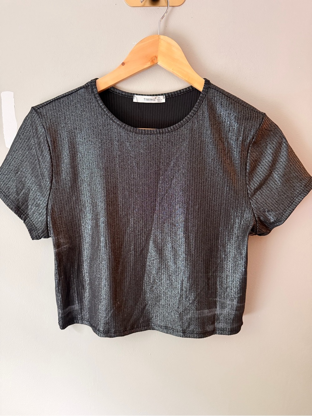 Black Shimmer Ribbed Crop Tee & Pant Set